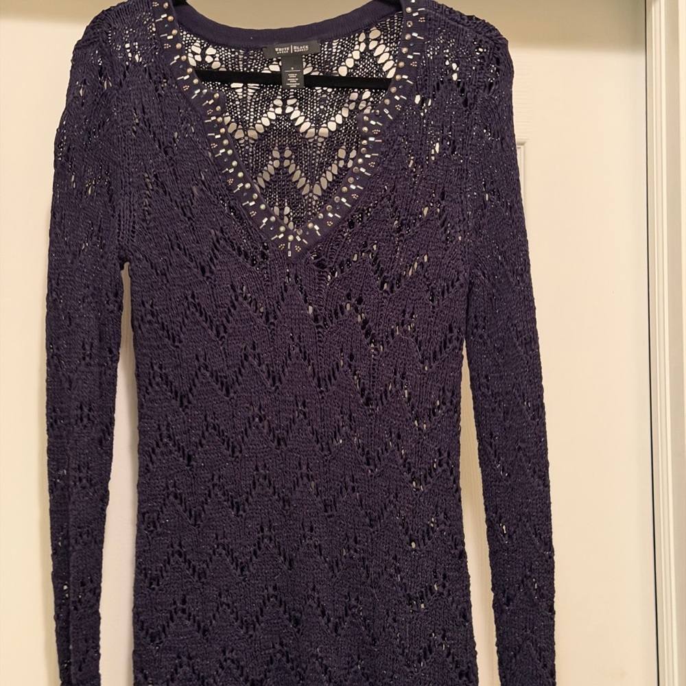 Women's  Knit Sweater in navy with embellished neckline.